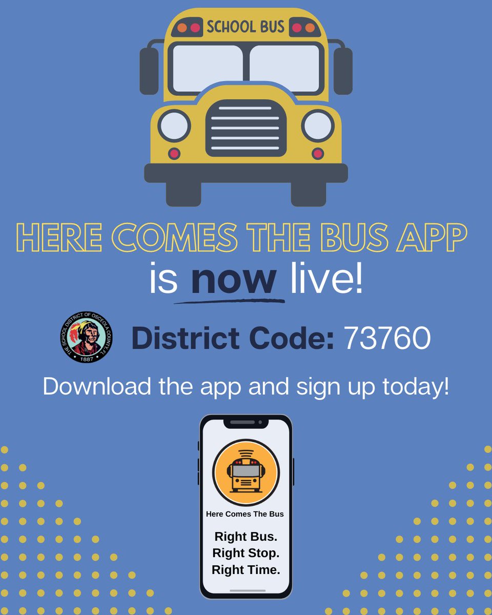 Osceolaschools's tweet photo. Here Comes the Bus is now active!
You can now track your child's bus route in real time. Download the app today and enter 73760 when it asks for our district code. #SDOCGoodtoGreat https://t.co/iVcZJqBg4N