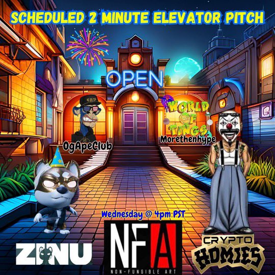 NFA x ZINU 2 MINUTE ELEVATOR PITCH 🗓️9.13.23 @ 4pm PST Set your reminders for our upcoming space! Do you have what it takes?? LFGogh!!! @SidneyRichlin @NFA_Inc @CRYPTOHOMIES_ @vitaltoys @ZinuToken @OG_Ape_Club @worldoftings Got 2 do it👇👇 twitter.com/i/spaces/1LyGB…