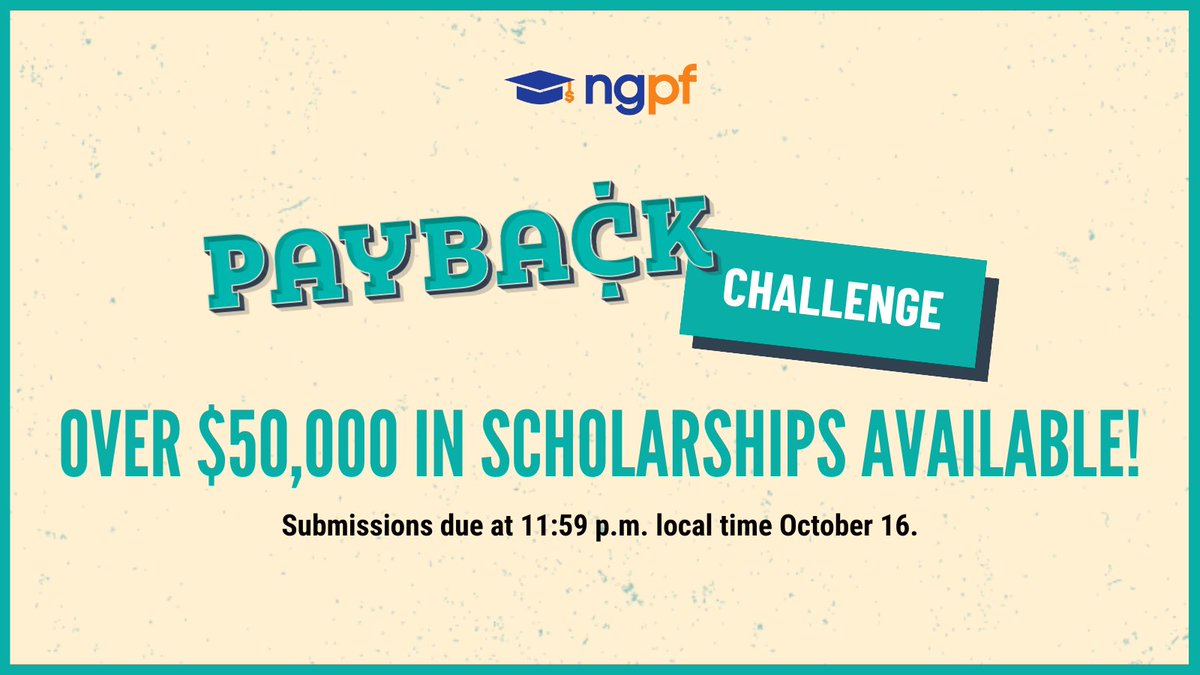 NextGenPF's tweet photo. The Payback Challenge is back! Your high school students have a chance to win a $2500 Grand Prize for their educational pursuits while developing an understanding of what college life will be like. See contest details: https://t.co/15c3i7teWo https://t.co/nvekEJ51rs