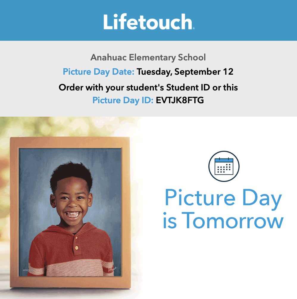 🍂Fall Picture Day 𝗧𝗢𝗠𝗢𝗥𝗥𝗢𝗪 📸
‼️Tuesday, September 12th‼️

mylifetouch.com
𝗣𝗶𝗰𝘁𝘂𝗿𝗲 𝗗𝗮𝘆 𝗜𝗗: EVTJK8FTG