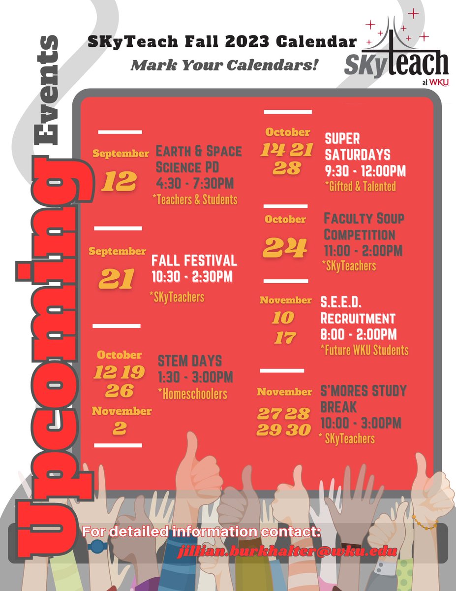 We stay busy at <a href="/skyteach_wku/">SKyTeach</a>! Save the dates below and anticipate more details to follow. <a href="/WKUCEBS/">WKU CEBS</a> <a href="/wkuogden/">WKU Ogden College</a> <a href="/wku/">Western Kentucky University</a> <a href="/WKUSTE/">WKU STE</a>