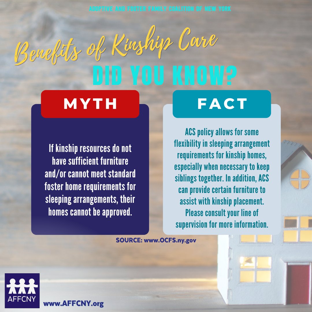 AFFCNY's tweet photo. Family and Friends First Kinship Care Myth Busting Fact

FACT: ACS policy allows for some flexibility in sleeping arrangement requirements for kinship homes, especially when necessary to keep siblings together.

@NYSNavigator @NYSOCFS

#KinshipCareMonth #KidsNeedKin #YesWeKin https://t.co/RvByVr6X4Y