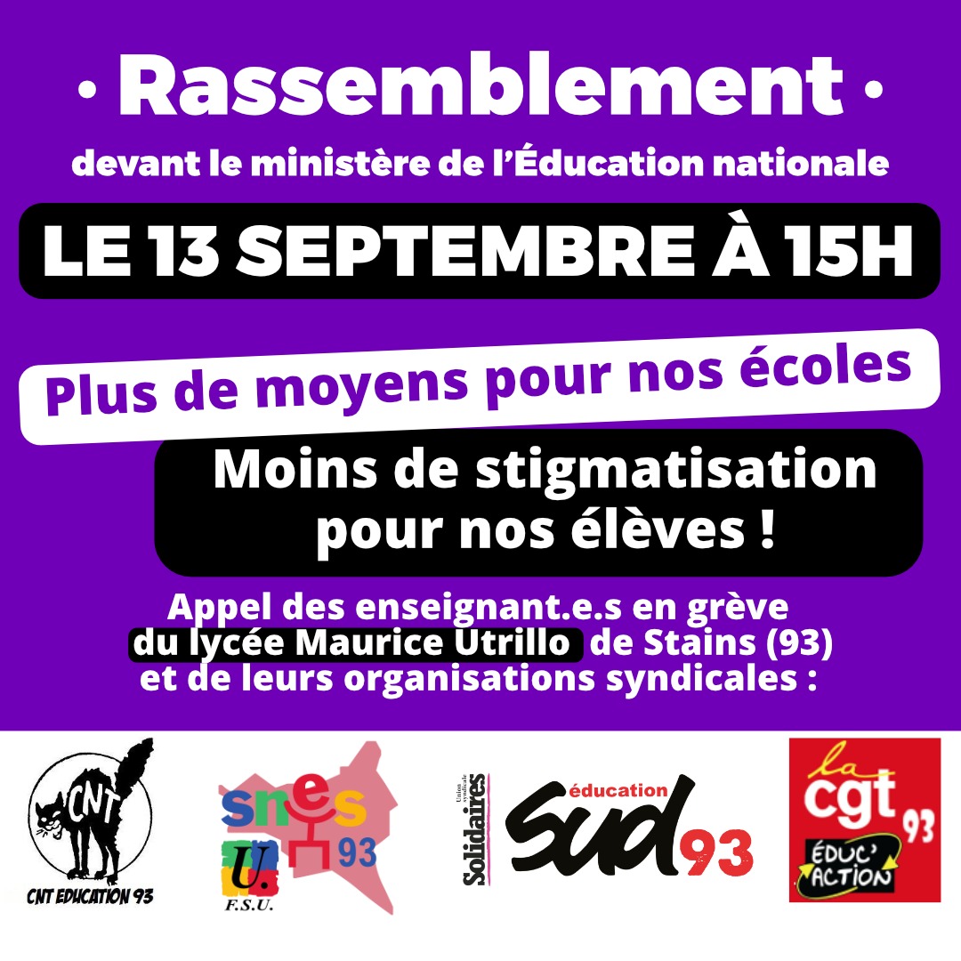 🔴en force mercredi aux côtés des collègues d'Utrillo

<a href="/Utrilloenlutte/">Utrillo en lutte</a> <a href="/mozart_en_lutte/">Lycée Mozart en lutte</a> <a href="/SudEducation93/">Sud Éducation 93</a> <a href="/snesfsu93/">SNES-FSU 93</a> <a href="/libe/">Libération</a> <a href="/touchepasabaya/">Touche Pas À Ma Abaya</a>