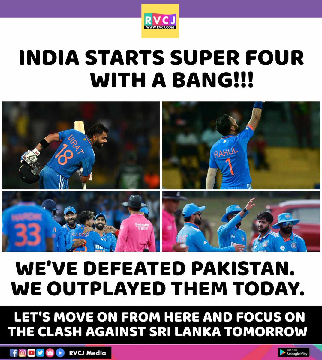 RVCJ_FB's tweet photo. India beats Pakistan by 228 Runs
#INDvsPAK #AsiaCup2023 #INDvPAK https://t.co/z6WC1TFaPc