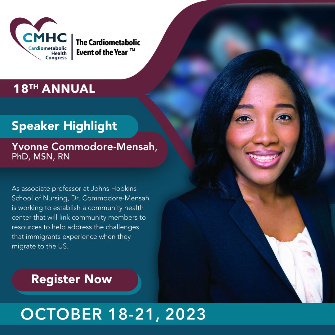 🚨Meet @ycommodore!

See Dr. Commodore-Mensah at #CMHC18thAnnual during the preconference day, where she'll lend her perspective to a panel discussion on how #HealthTechnology can address disparities in care
🔗Reserve your spot today: cmhc.info/45Ja46n
#MedTwitter