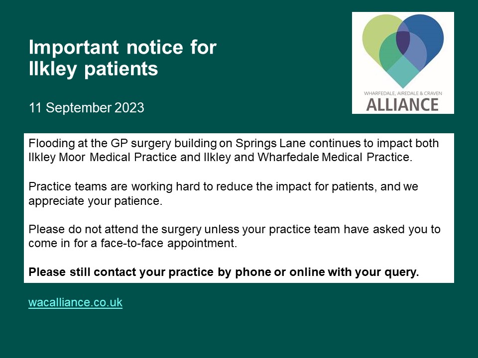 📢Important notice for #Ilkley residents - <a href="/wacayorkshire/">Wharfedale, Airedale and Craven Alliance</a> practices at Springs Lane in Ilkley have experienced significant flooding over the weekend is affecting GP services. Practice teams are grateful for your patience and they are working hard to limit the impact for patients.
