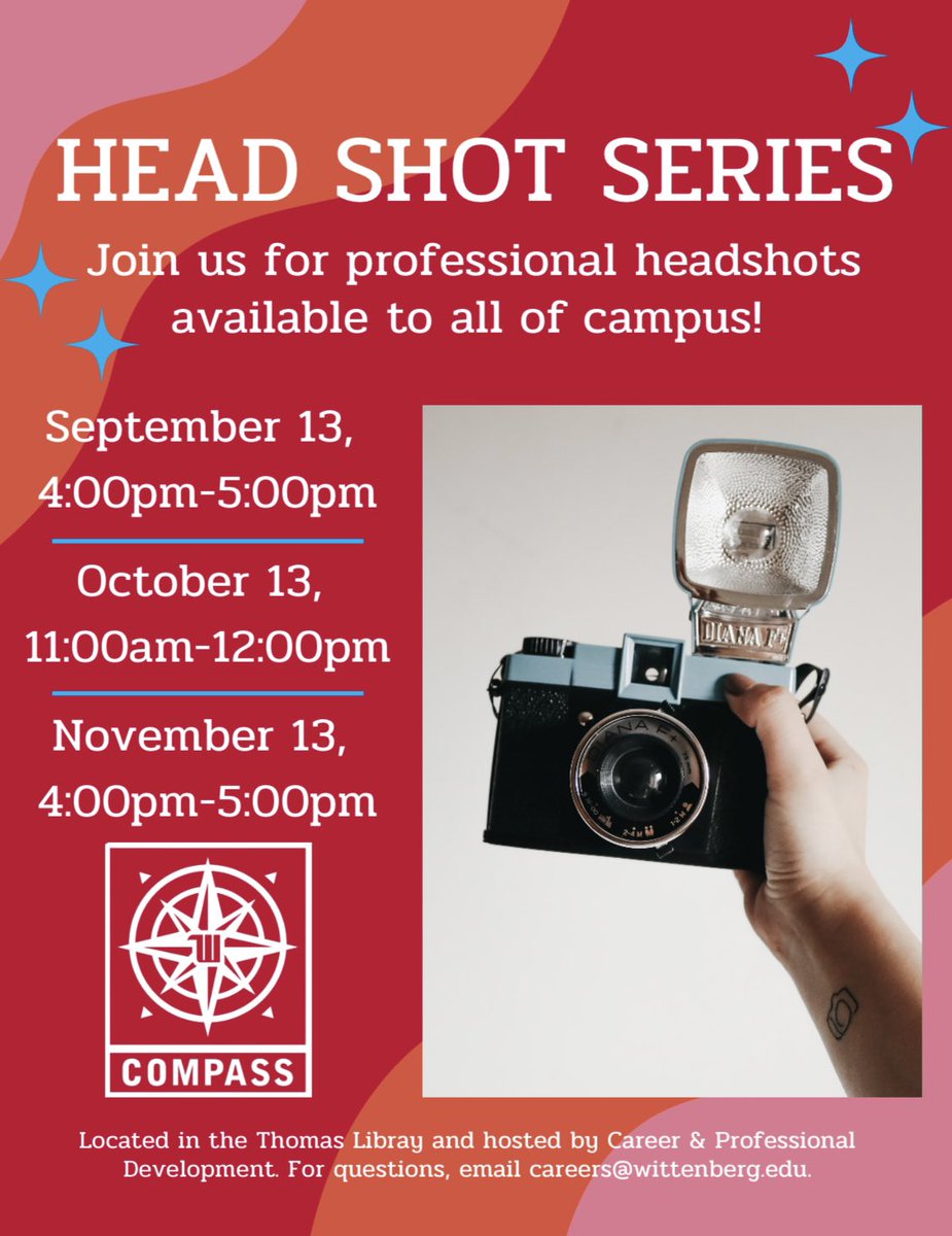 HEAD SHOT SERIES

September 13th, 4:00-5:00pm 

October 13th, 11:00am-12:00pm 

November 13th, 4:00-5:00pm 

Join us for professional headshots available to all of campus! Located in the Thomas Libray and hosted by Career &amp; Professional Development. 
Email: careers@wittenberg.edu