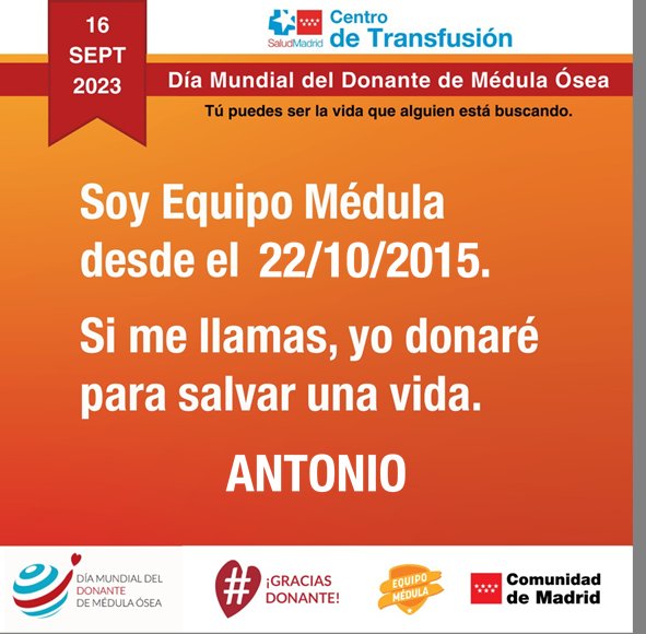 El 16 de septiembre,se celebra el Día Mundial del Donante de Médula Ósea y Sangre de Cordón Umbilical.Muchas personas al año que necesitan un trasplante de #médula y no tienen familiares compatibles.Podéis ser vosotros.Uníos al #equipomédula #WMDD2023 #DMDMO2023 <a href="/EquipoMedula/">Equipo Médula</a>