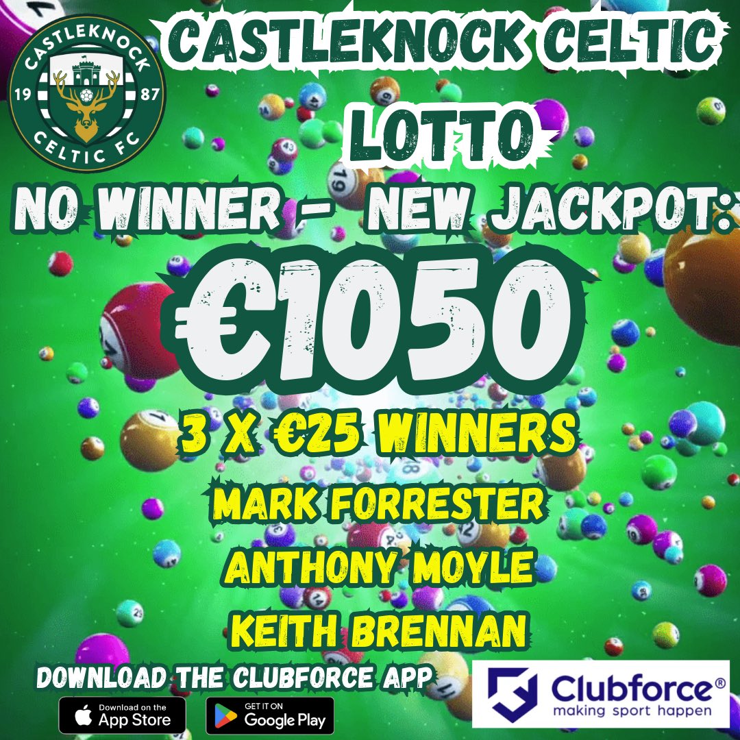 Castleknock Celtic Lotto draw took place yesterday. The numbers are 3, 6, 20, 25. There were no winners of the Jackpot. The next Jackpot for 17th September’s draw is €1050!! Click on the link to play: castleknockceltic.clubforce.com/products/lotto…