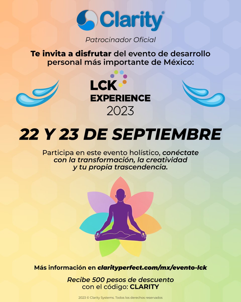 ClarityPerfect's tweet photo. Clarity® participa como patrocinador del evento de desarrollo personal más importante de México: LCK Experience 2023. 💙 ¡Ven y vive la experiencia Water Bar, en la que podrás hidratarte durante todas las actividades! 💧 ¡Consigue tus boletos aquí! 🌐 https://t.co/W21YU3JjtS https://t.co/AlWhmbHPiY