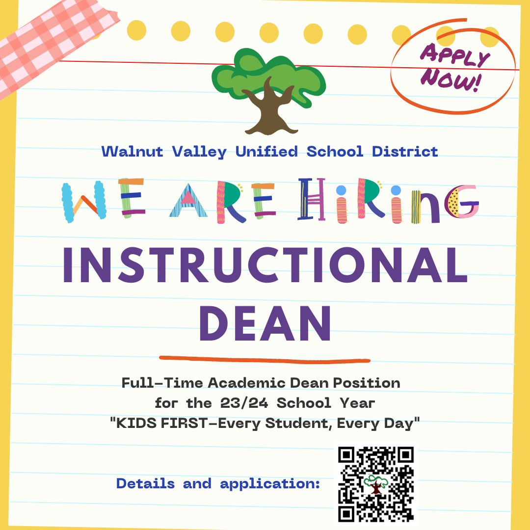 We're hiring! Walnut Valley USD has a full-time Instructional Dean position open for the 2023-2024 school year. Contact Angela Garay at agaray@wvusd.org for details @WVUSD_Tweet @WVUSDedservices #nowhiring #hiring #jobs #job #jobseeker #hiringnow #hotjob #recruit #dreamjob #WVUSD