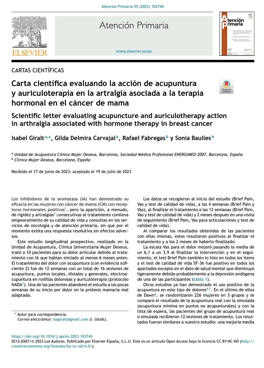Evaluamos el uso de la acupuntura y auriculoterapia en pacientes sobrevivientes de cáncer de mama en tratamiento con Inhibidores de aromatasa y las artralgias asociadas,los resultados son positivos y muy alentadores. Una herramienta más para mejorar la salud y bienestar