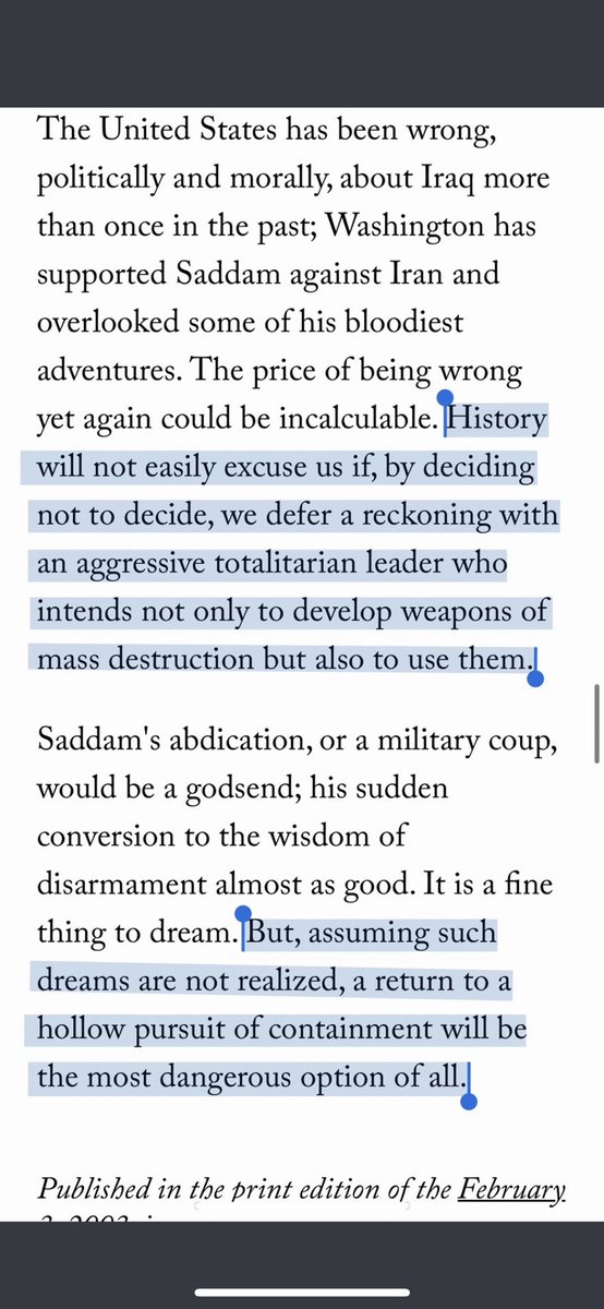 It’s easy to forget that much of our mainstream media after 9/11 either tacitly or directly supported the Iraq War—a war based upon false intelligence against a country unrelated to 9/11.

So here, once again, I’m posting @newyorker’s original comment from 2003 endorsing the war.