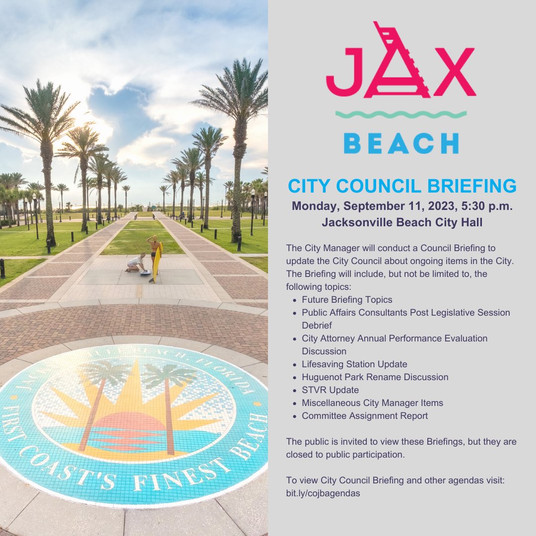 Tonight's City Council Briefing begins at 5:30 PM at Jacksonville Beach City Hall. To view City Council Briefing and other agendas visit: bit.ly/cojbagendas