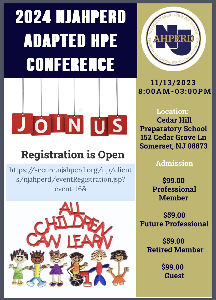 🚨REGISTER TODAY🚨
Calling 📣 ALL NJ Adapted H&amp;PE teachers!!!  Sign Up below to attend the 2023 <a href="/SHAPENJ/">NJAHPERD</a> Adapted H&amp;PE Conference today 👍🏻.  Registration is OPEN, so join us in Somerset, NJ on Nov. 13th.  #PhysEd #HealthEd 
Link ⬇️:
secure.njahperd.org/np/clients/nja…