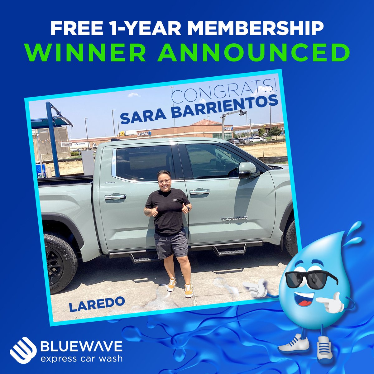 Congratulations to our #LaredoTX #winner! Enjoy your year of #freecarwashes, Sara! We are grateful for our customers and extend a heartfelt thanks for your patience and unwavering support during this transformation to enhance our #carwash services.
#BlueWaveExpress #unlimited