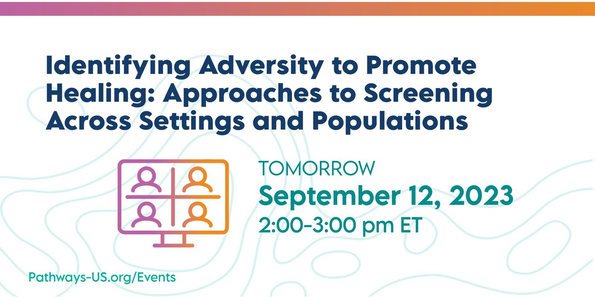 Don’t miss tomorrow’s Pathways Learning Network session for a great discussion on different approaches to screening for adversity in the health care and #socialservice sectors. 

Register: 
zoom.us/meeting/regist…

#ChartingthePath #TraumaInformed #TraumaResponsive #ACEs