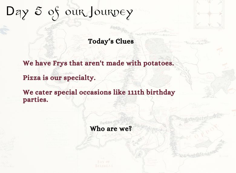 Bloomer_Pub_Lib's tweet photo. Day 5 of our Journey... Today‘s Clues

We have Frys that aren’t made with potatoes.

Pizza is our specialty.

We cater special occasions like 111th birthday parties.

Who are we? https://t.co/Dph75LSDTZ