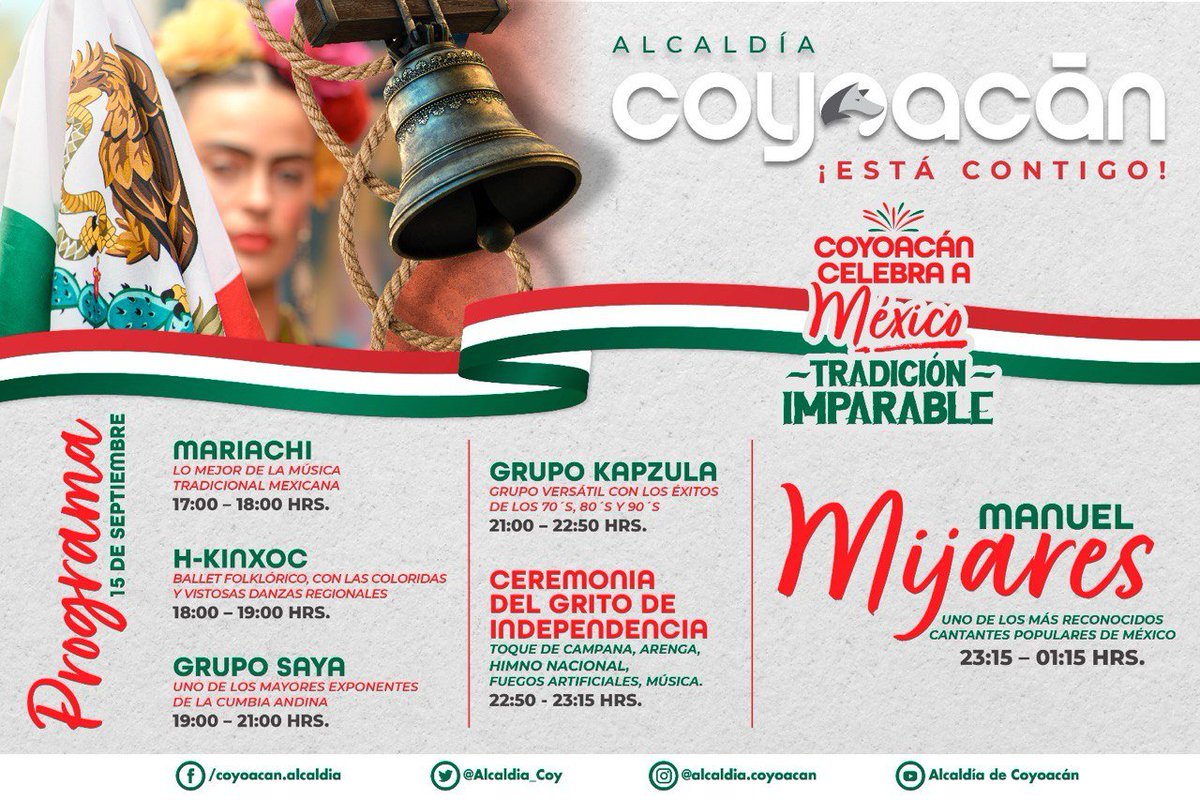 ¡Tendremos una celebración imparable este viernes 15 de septiembre! 🇲🇽 ❤️‍🔥 💫
A partir de las 17:00 h, contaremos con eventos para festejar en grande; a las 22:50 se lleva a cabo la ceremonia de El Grito de Independencia y, al finalizar, <a href="/MijaresOficial/">Mijares</a> dará un concierto