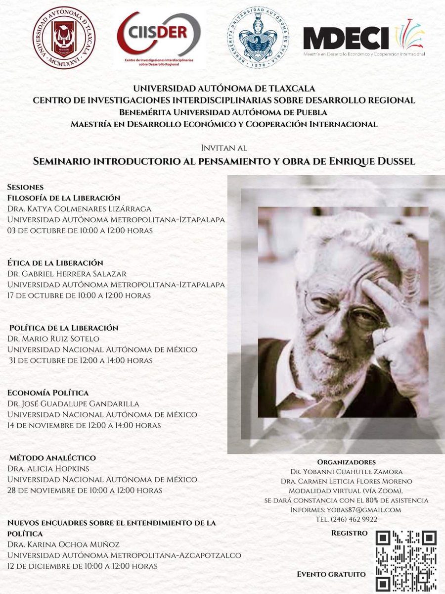 Les esperamos en el Seminario introductorio al pensamiento y obra de Enrique Dussel el 3 de octubre. Evento en línea y gratuito. Registro: docs.google.com/forms/d/e/1FAI…

#somosciisder #somosuatx #SomosGarzas