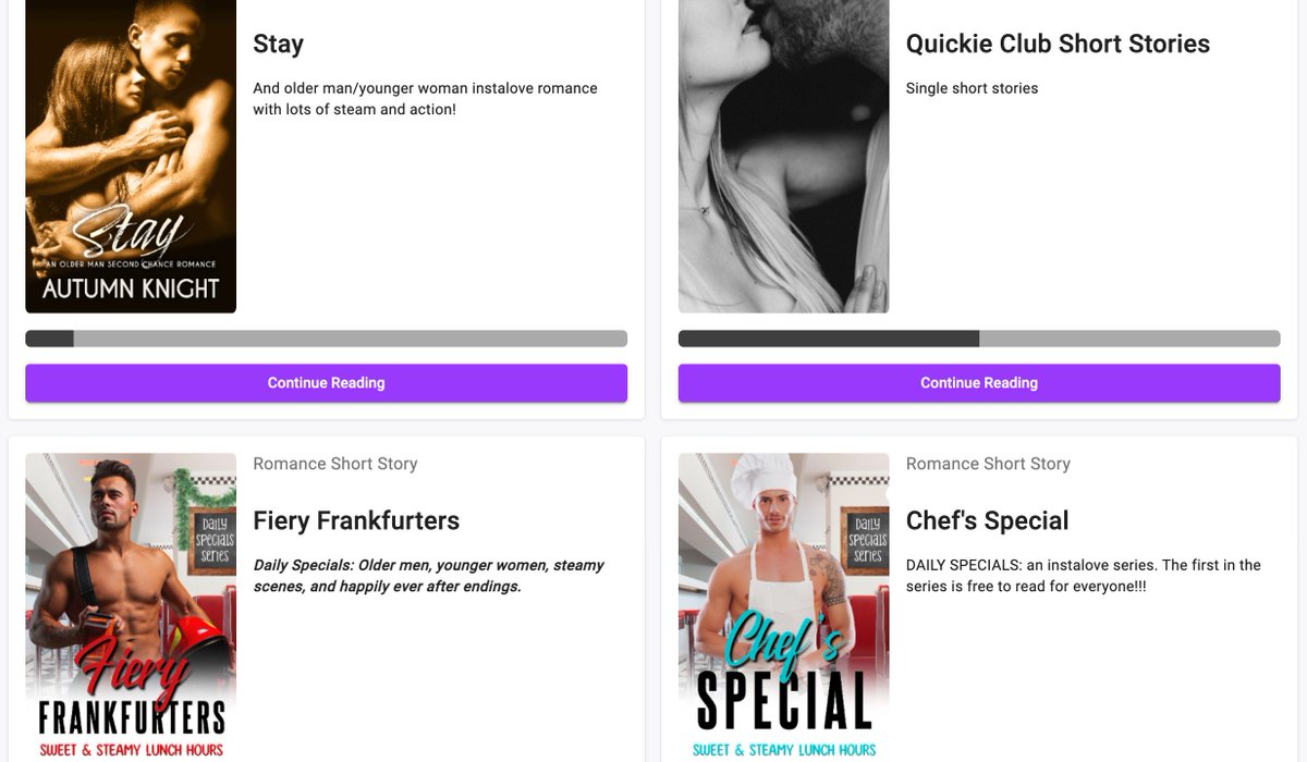 Check out all the stuff that's available from me on Ream! Chef's Special and Stay are completed stories. Fiery Frankfurters is updated weekly. New short stories are added each week.

What's next? Follow and be part of my community for free!

buff.ly/3sC2VWK