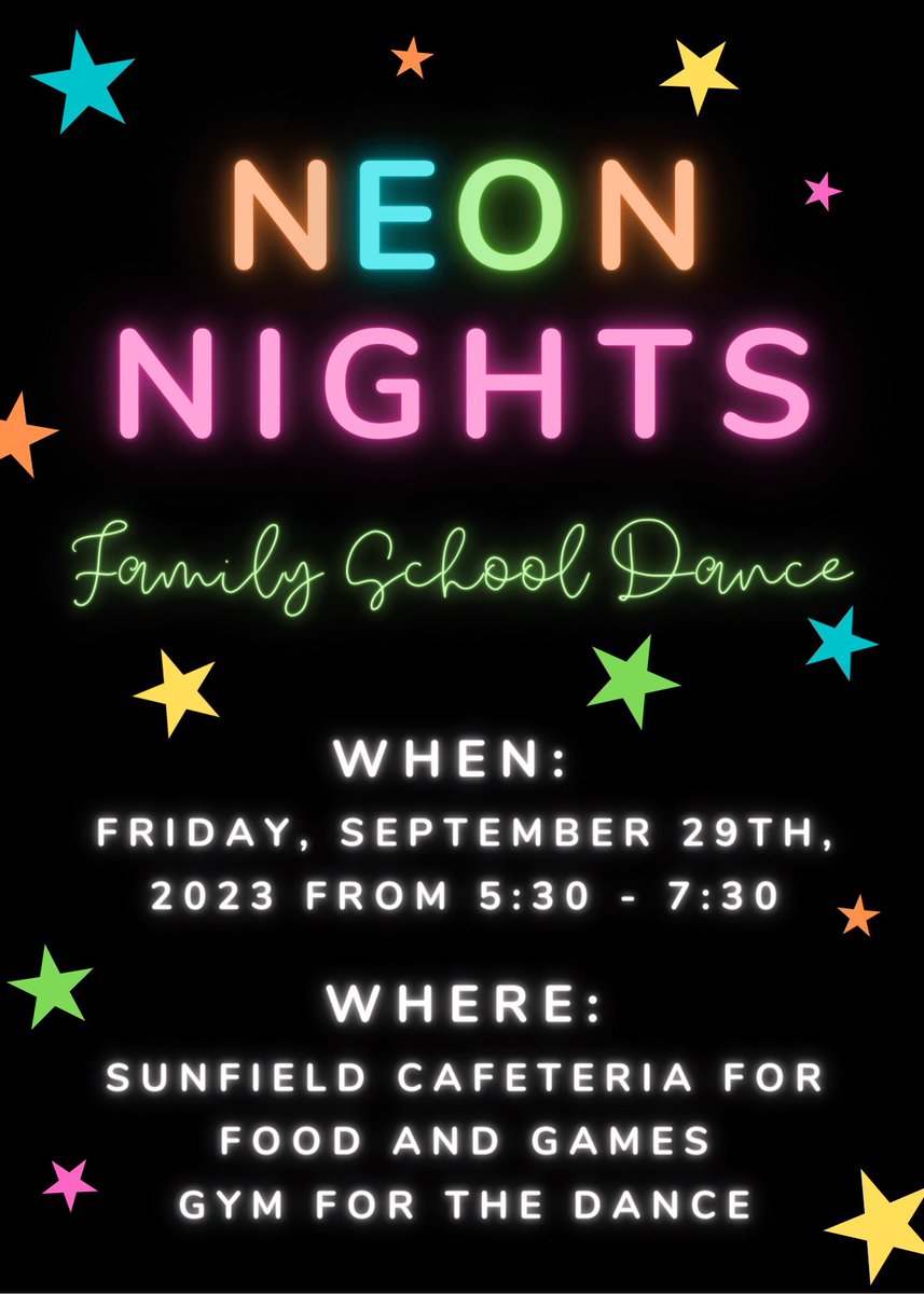 5th grade will be hosting their second annual Neon Nights Dance Friday, September 29th from 5:30 - 7:30. All proceeds from the event will help fifth grade students with their overnight trip to Camp Champions!

Donation Sign Up: 
signupgenius.com/go/10C094EA5A7…