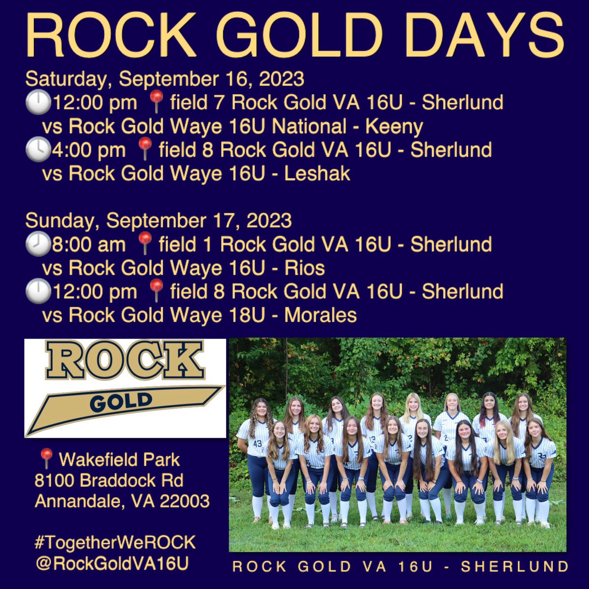RockGoldVA16U's tweet photo. πΈROCK! ROCK! (Till You Drop)
π€ROCK GOLD DAYS
ποΈSeptember 16-17, 2023
πWakefield Park, Fairfax County, VA
π€ #TogetherWeROCK
β οΈ #PlayYourACE
π₯ @ROCKGOLDVA @RockGoldWaye https://t.co/gH8Zum5n3F