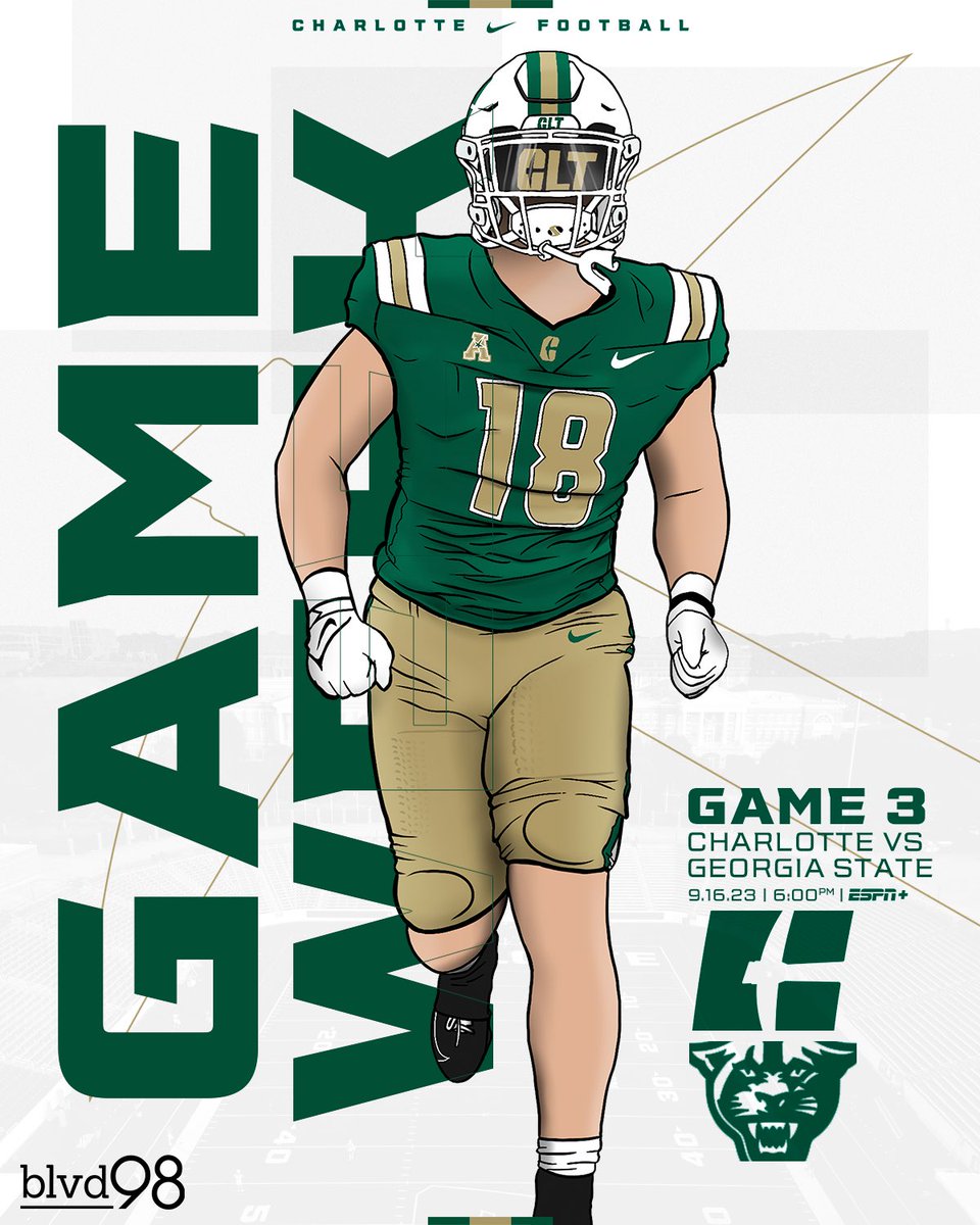 Charlotte Football (@charlotteftbl) on Twitter photo Game 3 🆚 Georgia State
9.16.23 | 6:00 PM EST 
📺 <a href="/ESPNPlus/">ESPN+</a> 
📻 @730thegame
🎟️ tinyurl.com/CLTvsGeorgiaSt…
#BadCompany⛏️ | #AmericanPower Game 3 🆚 Georgia State
9.16.23 | 6:00 PM EST 
📺 <a href="/ESPNPlus/">ESPN+</a> 
📻 @730thegame
🎟️ tinyurl.com/CLTvsGeorgiaSt…
#BadCompany⛏️ | #AmericanPower