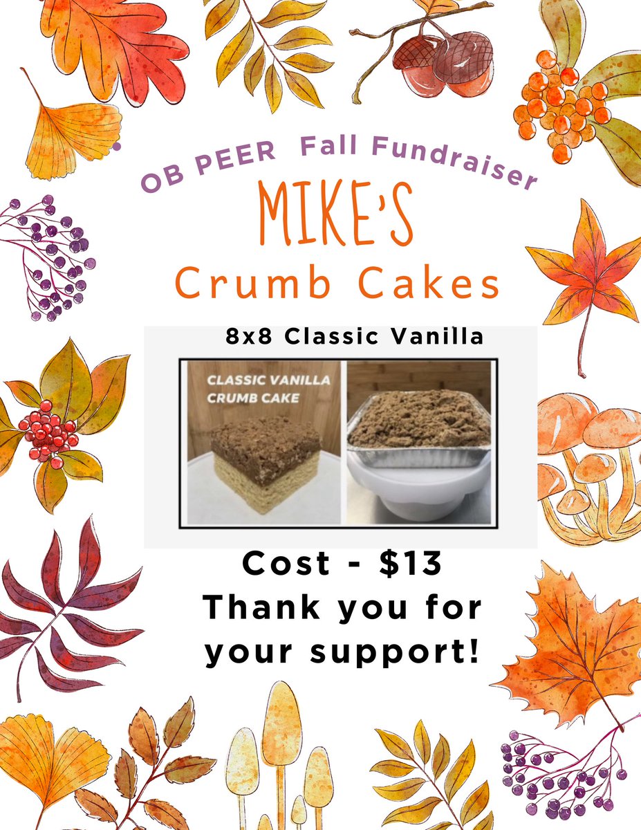 Mike’s Crumb Cakes!! Come and get them! The OB Peer program is selling these AMAZING crumb cakes for our fall fundraiser. If you’re interested email Cmackey@obps.org for details.