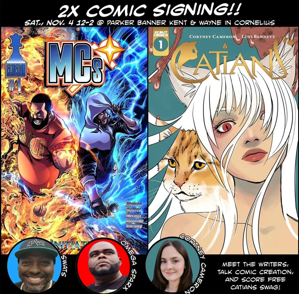 OmegaSparx's tweet photo. BIG UPDATE: Our first Comic Book Signing Event is Booked!!! We're teaming up with the awesome @catians comic creator Cortney Cameron for a fun afternoon on Nov 4th at @PBKW (Parker Banner Kent & Wayne). Come out and kick it with us! Message me tonight if you're ready to get your hands on Issue #1 of our comic book MCs.

#comicbooks #booksigning #comicbookart #comics #MCS #art #artbook