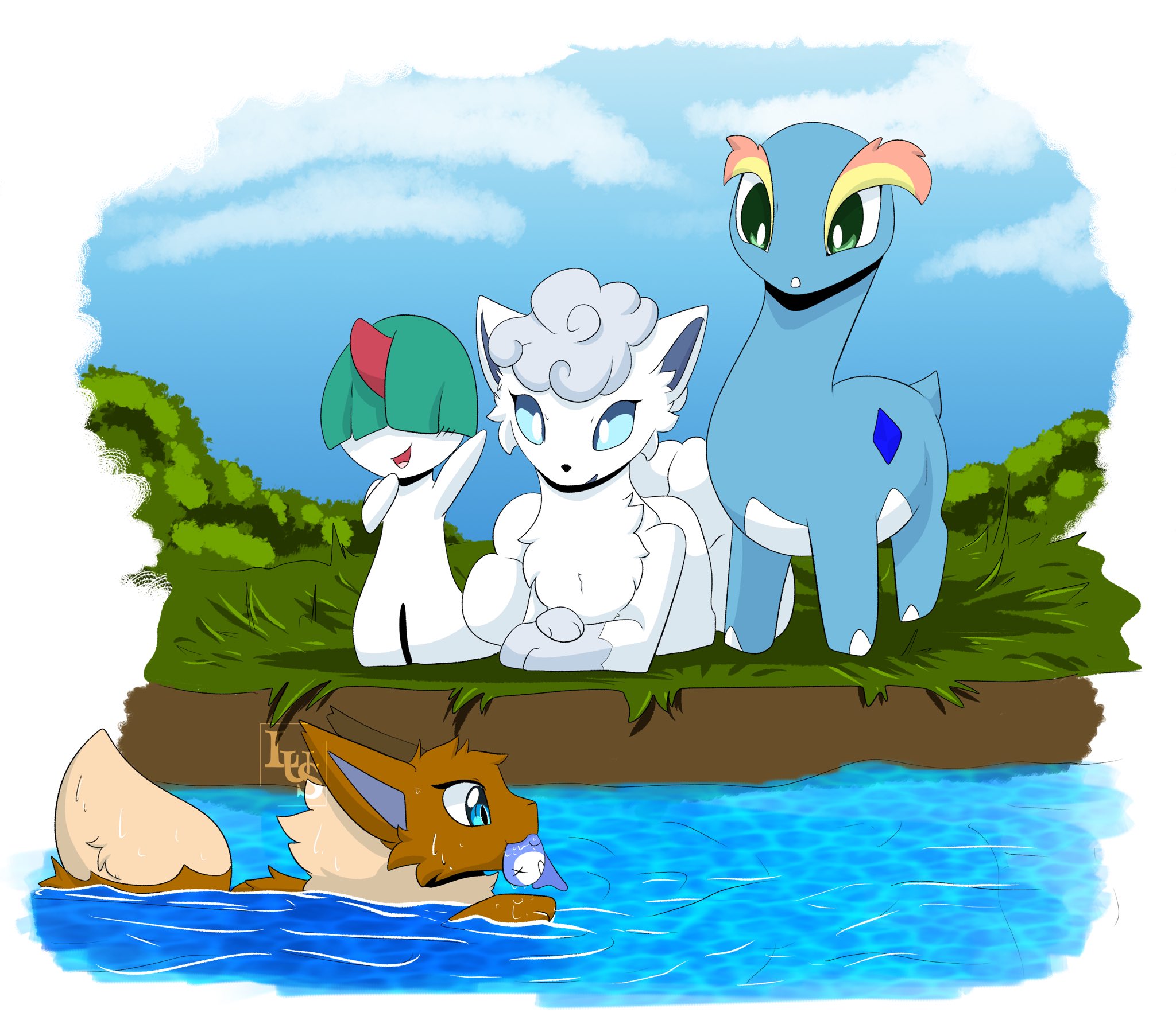 eevee, lucas, volkner, and flint (pokemon and 2 more) drawn by oshi_taberu