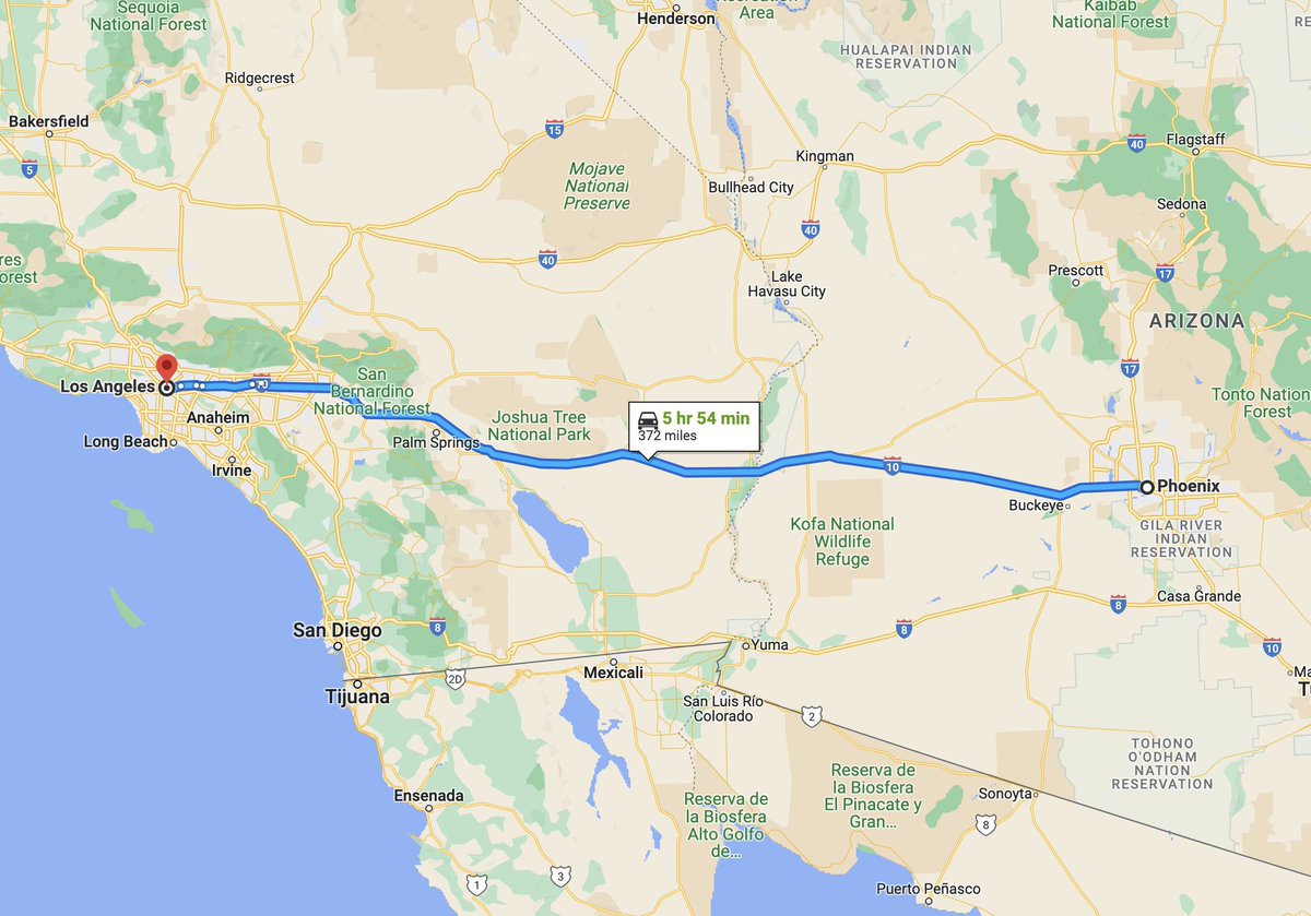 the_transit_guy's tweet image. There were 38 million trips between the Los Angeles and Phoenix metro areas in 2010, with the car-to-air travel ratio being nearly 50/50. If a direct rail route along the I-10 corridor operated at 150 mph, it would be 3.5 hours quicker than driving and competitive with flying.