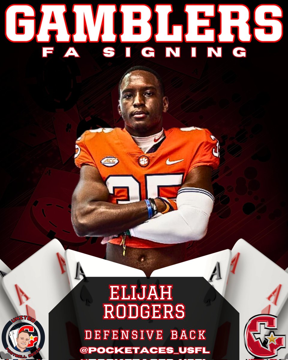 #BREAKING: The #Gamblers have signed CB @Elijahrodgerss out of Clemson! Walking on in 2021 after stints at Indiana and Gardner-Webb, he knows what it means to work for what you deserve! Fun fact we also have the same birthday! Welcome to G-Code Elijah 🎰 #ALLIN #USFL