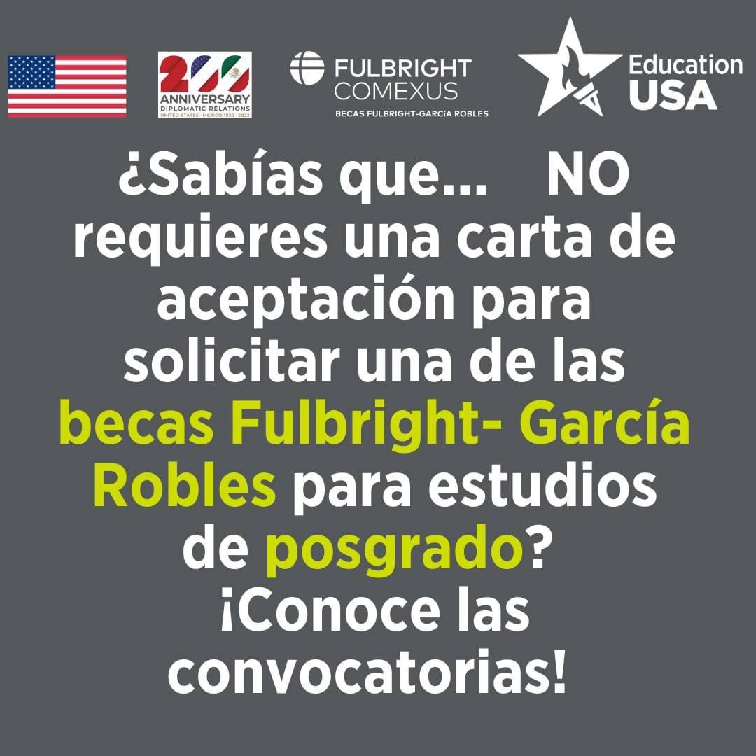 🧑‍💻 Si eres un estudiante mexicano académicamente sobresaliente con habilidades de liderazgo, anímate a solicitar la beca para unirte a la red de becarios Fulbright-García Robles. 🔗 Regístrate aquí: bit.ly/GradScho2023 #StudywithUS #FulbrightGR #Becas