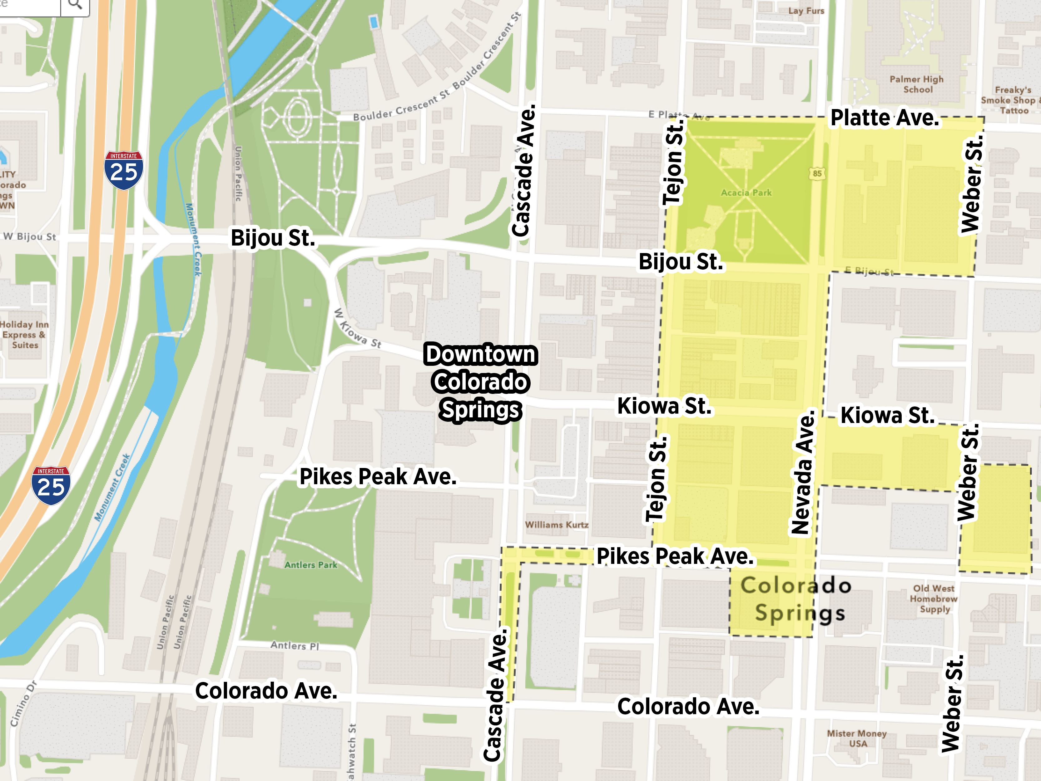 The yellow area depicts those still included in the power outage. This area extends from Tejon St east to Weber St and from Platte Ave south to Pikes Peak Ave.