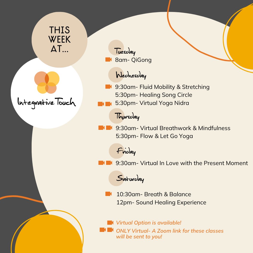 Join us this week at the Integrative Touch Healing Center! Explore new class, revisit one you have enjoyed, or just come visit for a glimpse of wellness! 🦋🧡 

We'll see you soon! Your first class is free with code "FIRSTCLASS"! Click here buff.ly/43oSkvc!