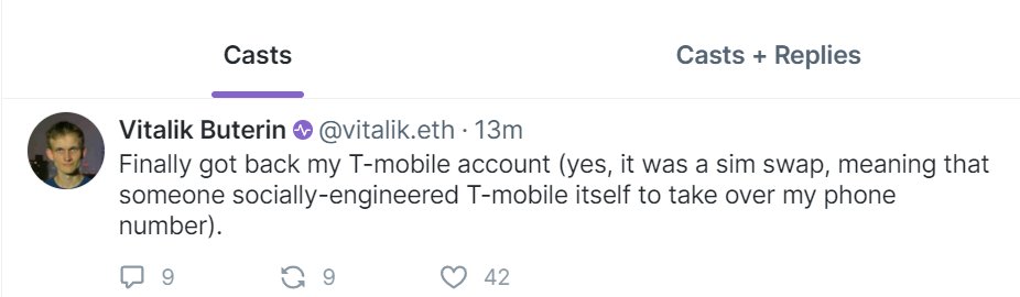 Confirmed sim swap for Vitalik. Pretty disappointing, there's no excuse to have sms based 2fa in this day and age.