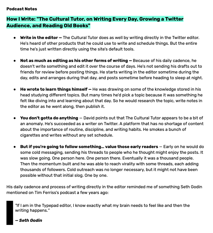 activerecall's tweet photo. Some notes from The Cultural Tutor's interview with David Perell https://t.co/jZibK8b5il