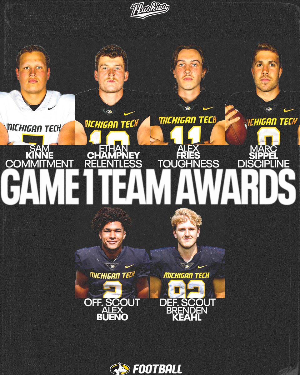Team Awards from Game 1 

Commitment - Sam Kinne
Relentless - Ethan Champney
Toughness - Alex Fries
Discipline - Marc Sippel
Off. Scout - Alex Bueno
Def. Scout - Brenden Keahl

#CRTD | #FollowTheHuskies