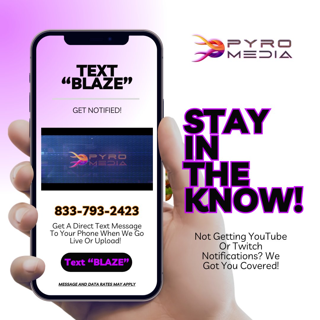 pyromedianet's tweet image. Text "BLAZE" to 833-793-2423 to receive direct messages from Pyro Media Network to their phones. 

#pyromedianetwork #pyromaniacs #pyrofamily #textmessages #notifications #youtube #twitch #blaze #settingbrandsablaze