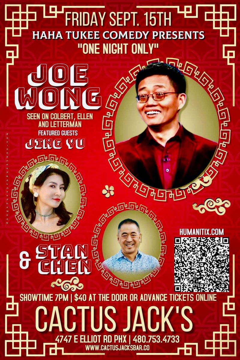 ComedySchools's tweet photo. This Friday our Classic Comics series begins!  International comedy star Joe Wong makes his Phoenix debut. 
No minimum!  Easy right next to the club parking.  The perfect date night at
Cactus Jack's Ahwatukee Tavern 
https://t.co/h2yaWiFisS https://t.co/DssPzBXB1j