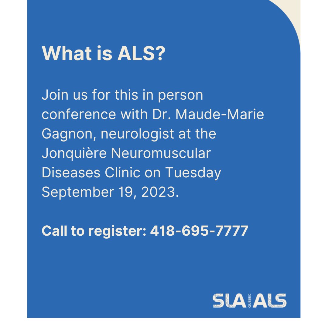 What is ALS?

Join Dr. Maude-Marie Gagnon, neurologist at the Jonquière Neuromuscular Diseases Clinic on Tuesday, September 19, 2023, for this important in-person one day conference.