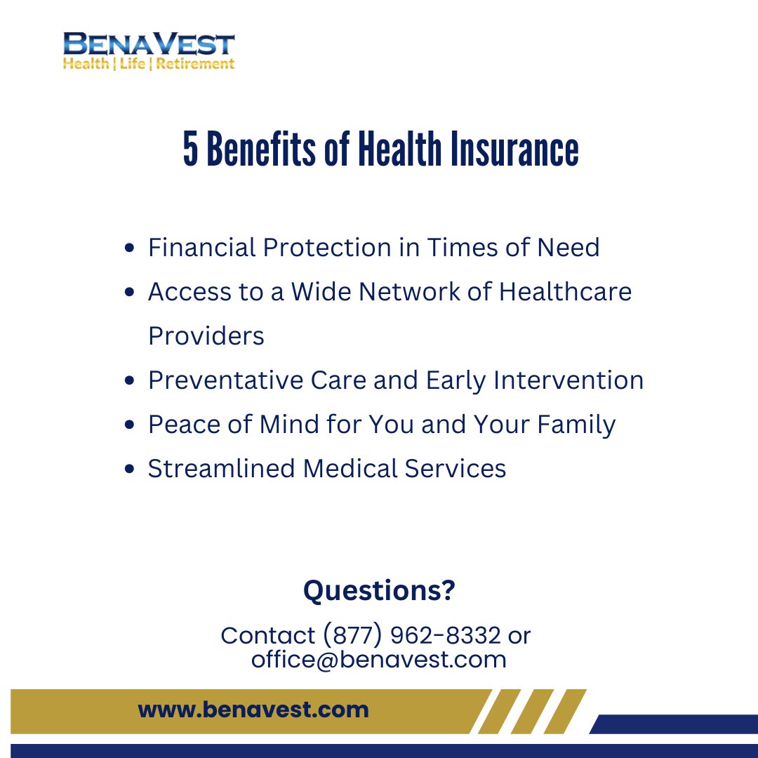 BenaVestIns's tweet image. Secure Your Future, One Checkup at a Time: Here are 5 Key Benefits of Having Health Insurance Coverage 🏥💡 

#healthinsuranceflorida #peaceofmind #financialsecurity