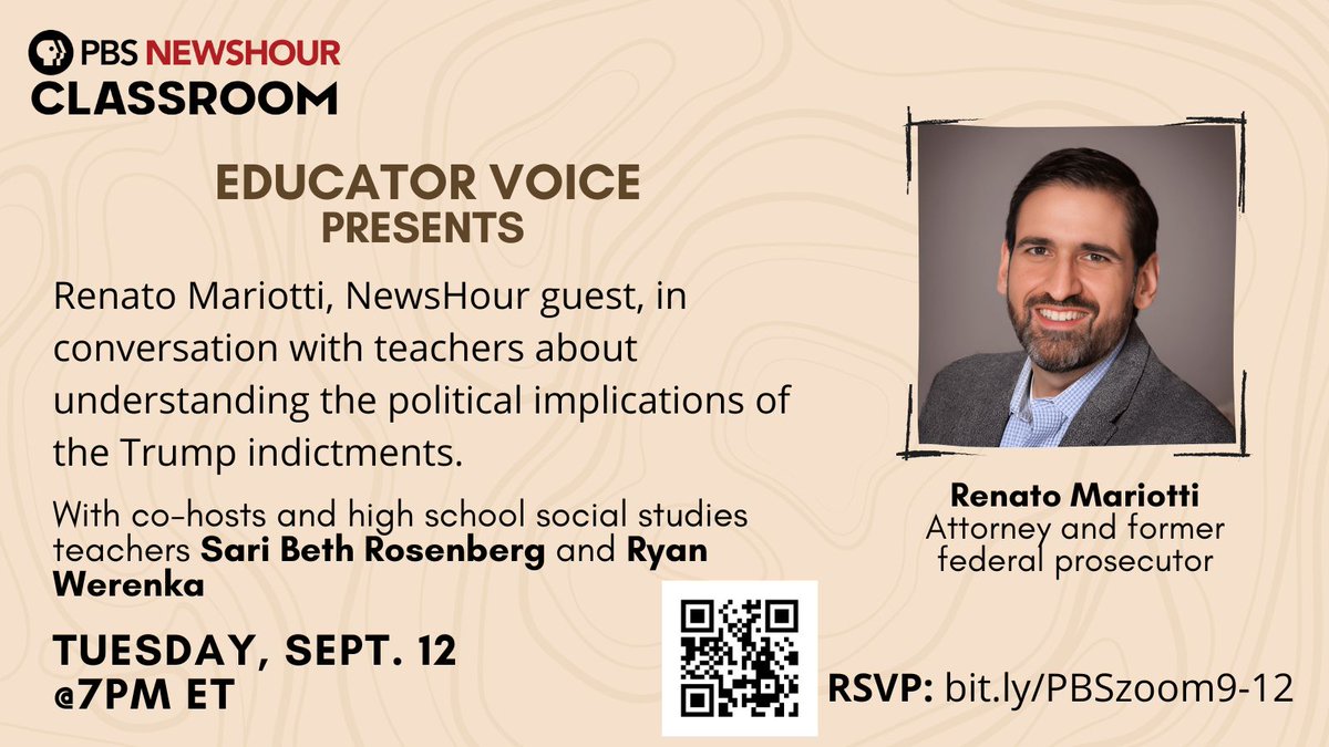 NewsHourExtra's tweet image. Teachers &amp;amp; School Staff 📣 JOIN US on PBS @NewsHour Classroom zoom

TOMORROW evening at 7pm ET/4pm PT!

How do you best teach the Trump indictments and what they mean for democracy and our republic?

RSVP: bit.ly/PBSzoom9-12 | #apgov #leadupchat