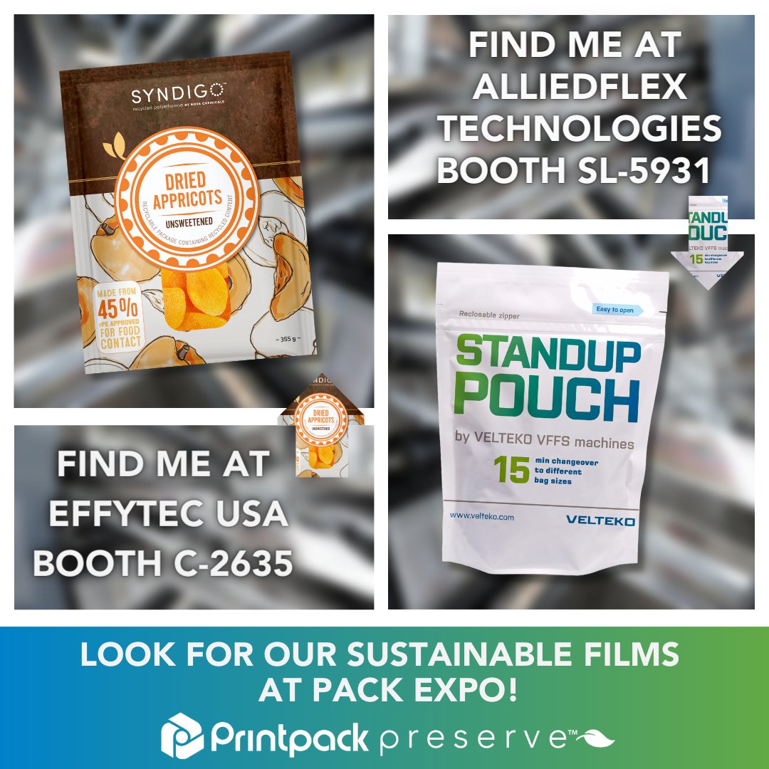 If you are at this year’s top packaging tradeshow event, <a href="/packexposhow/">PACK EXPO</a>, stop by to see our Printpack Preserve™ recyclable PE Pouch film running with industry- leading manufacturers, Effytec USA (C-2635) and Allied Flex Technologies (SL-5931)!

#sustainablepackaging #packexpo