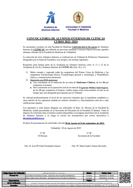 Hola a todos!! 🤗🤗

Os traemos la convocatoria para las plazas NUMERARIAS de CLÍNICAS  de la Academia de Alumnos Internos.
Constarán de 25 plazas a las que se podrá acceder por oposición.

El plazo de presentación de solicitudes terminará el 24 de Septiembre, ¡Os esperamos!