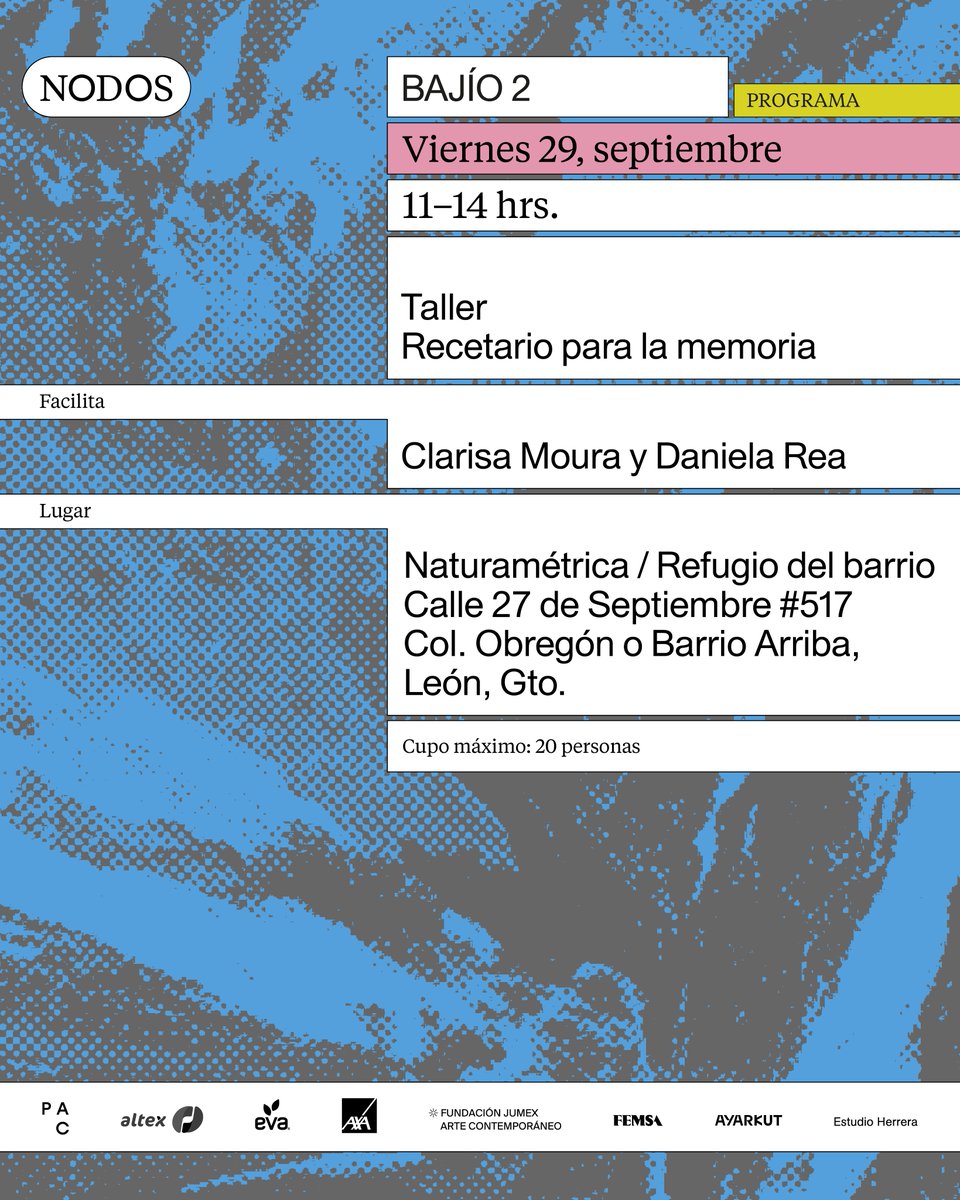 El próximo 29 de noviembre estaremos dando un taller en la edición NODOS Bajío <a href="/PACSitac/">Patronato de Arte Contemporáneo</a> 
Más info 👇