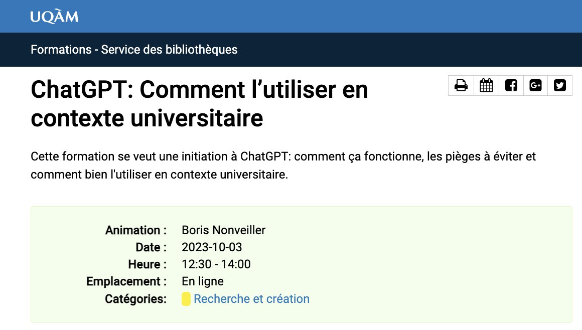 ChatGPT: Comment l’utiliser en contexte universitaire 
uqam-ca.libcal.com/calendar/forma…
Cette formation en ligne par <a href="/BiblioUQAM/">Bibliothèques UQAM</a> se veut une initiation à ChatGPT: comment ça fonctionne, les pièges à éviter et comment bien l'utiliser en contexte universitaire.
3 et 16 oct. de 12h30 à 14h.