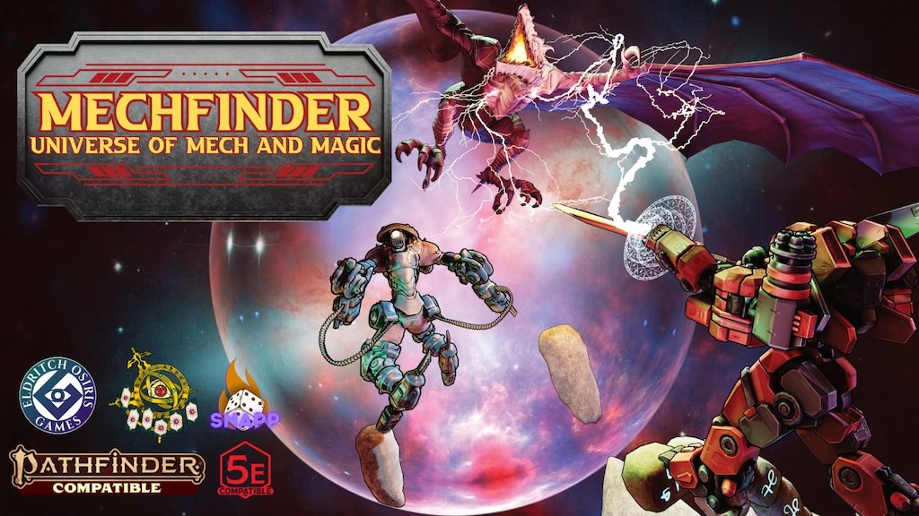 Tomorrow at 10 AM EST, #Mechfinder Universe of Mech and Magic for #pathfinder2e/#dnd5e officially launches!

With new subclasses, archetypes, equipment, and a whole setting, you get a bit of everything!

We're so excited! Links below to learn more!