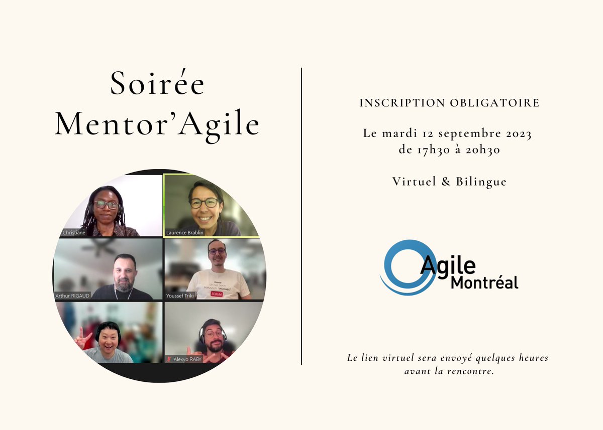 C'est demain! Quoi de mieux pour se rencontrer qu'une soirée “speed-meeting”? En trois heures, nous vous offrons un espace-temps favorable à la rencontre de professionnel.les de l'agilité. Inscription obligatoire: agilemontreal.ca/evenement?id=1…